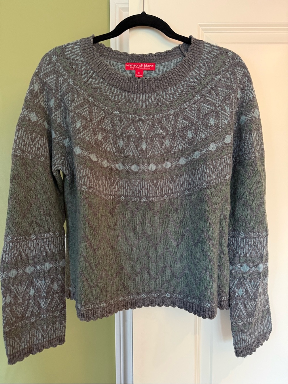 Krimson Klover Women’s Medium Grey Blue Fair Isle 100% Cotton Sweater
